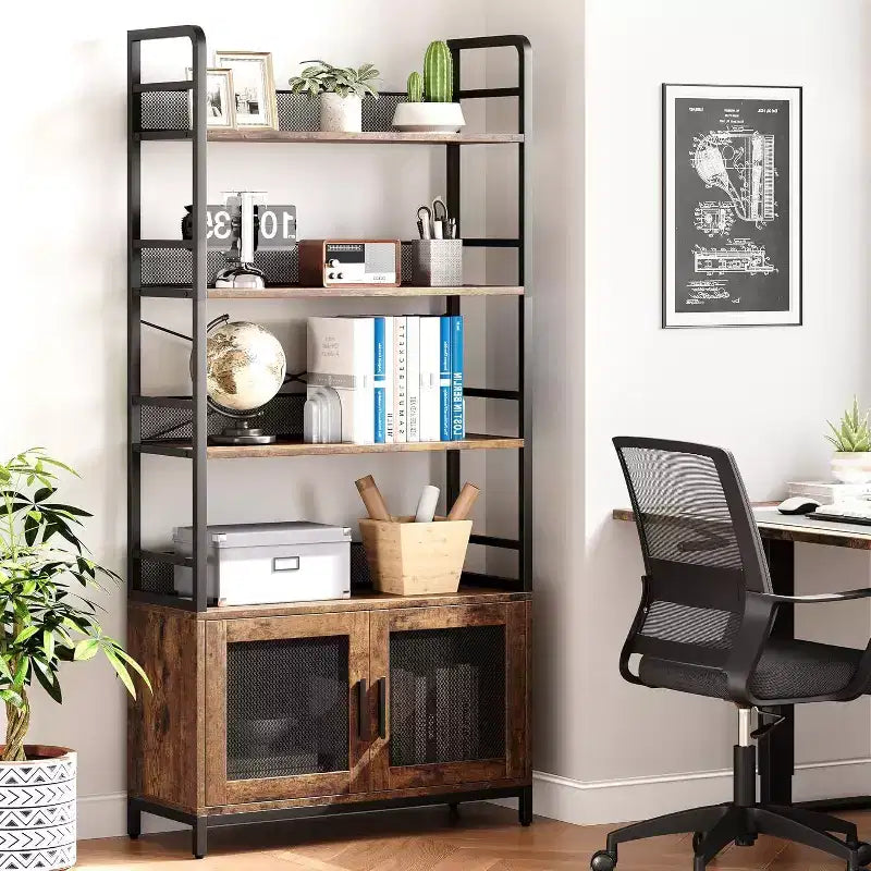 Industrial Bookcase with Storage Cabinet, 4 Tier Open Storage Shelf, Display Shelf, 70.87 Inch Tall, For Bedroom, Living Room, Office, Brown