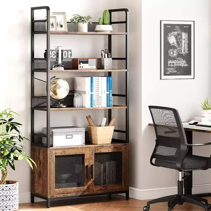 Industrial Bookcase with Storage Cabinet, 4 Tier Open Storage Shelf, Display Shelf, 70.87 Inch Tall, For Bedroom, Living Room, Office, Brown