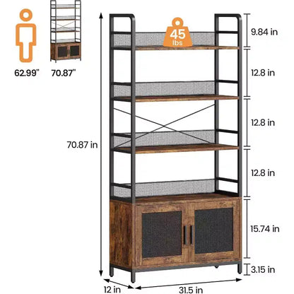 Industrial Bookcase with Storage Cabinet, 4 Tier Open Storage Shelf, Display Shelf, 70.87 Inch Tall, For Bedroom, Living Room, Office, Brown