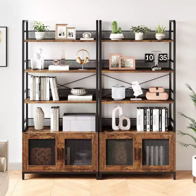 Industrial Bookcase with Storage Cabinet, 4 Tier Open Storage Shelf, Display Shelf, 70.87 Inch Tall, For Bedroom, Living Room, Office, Brown