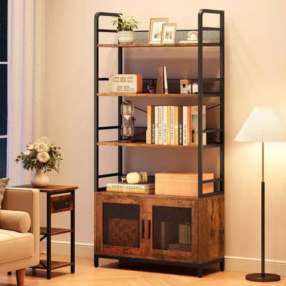 Industrial Bookcase with Storage Cabinet, 4 Tier Open Storage Shelf, Display Shelf, 70.87 Inch Tall, For Bedroom, Living Room, Office, Brown