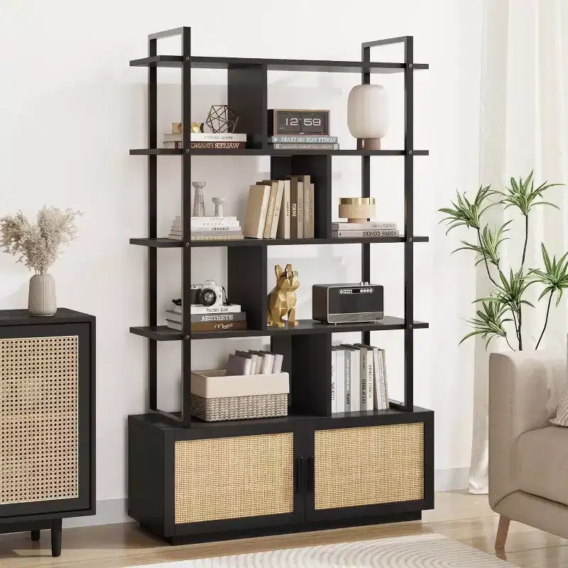 Industrial Bookcase with Storage Cabinet, 4 Tier Open Storage Shelf, Display Shelf, 70.87 Inch Tall, For Bedroom, Living Room, Office, Brown