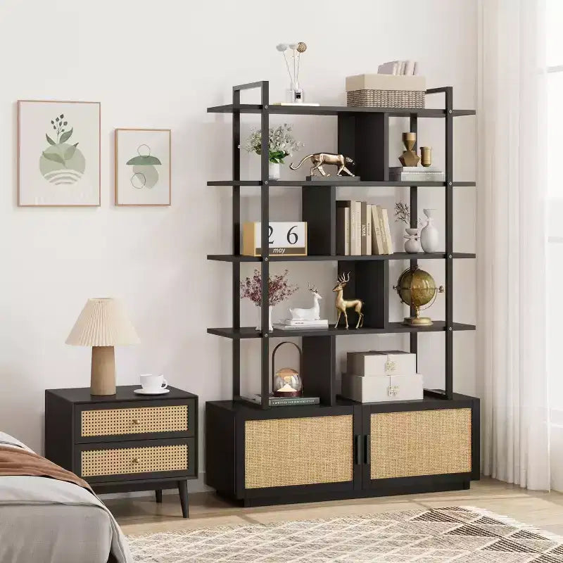 Industrial Bookcase with Storage Cabinet, 4 Tier Open Storage Shelf, Display Shelf, 70.87 Inch Tall, For Bedroom, Living Room, Office, Brown