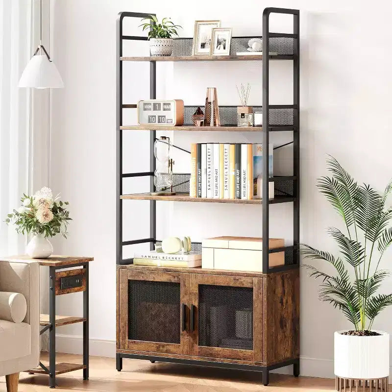 Industrial Bookcase with Storage Cabinet, 4 Tier Open Storage Shelf, Display Shelf, 70.87 Inch Tall, For Bedroom, Living Room, Office, Brown
