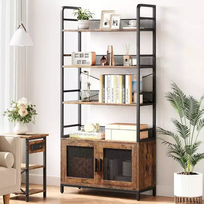 Industrial Bookcase with Storage Cabinet, 4 Tier Open Storage Shelf, Display Shelf, 70.87 Inch Tall, For Bedroom, Living Room, Office, Brown