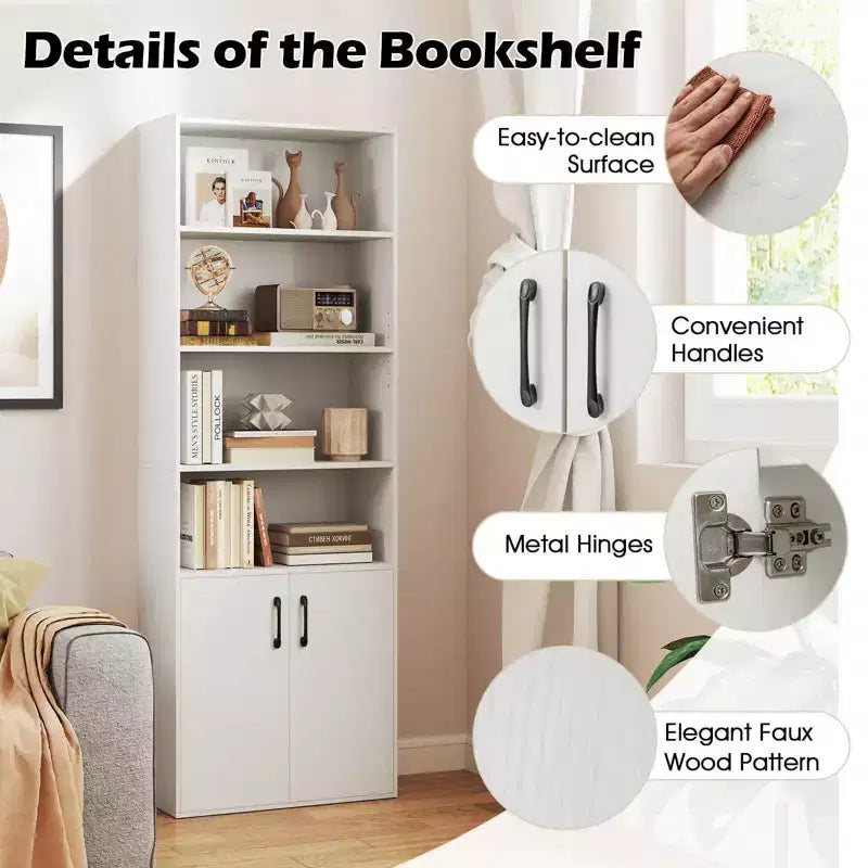70" Bookcase with Adjustable Shelves & 2-Door Cabinet, Multipurpose Display Rack