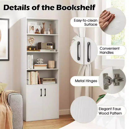 70" Bookcase with Adjustable Shelves & 2-Door Cabinet, Multipurpose Display Rack