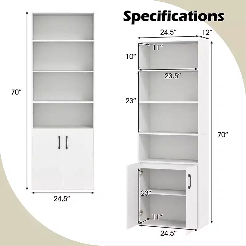 70" Bookcase with Adjustable Shelves & 2-Door Cabinet, Multipurpose Display Rack