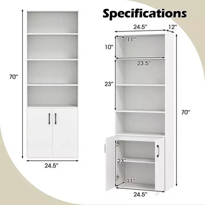 70" Bookcase with Adjustable Shelves & 2-Door Cabinet, Multipurpose Display Rack