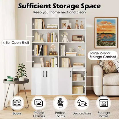 70" Bookcase with Adjustable Shelves & 2-Door Cabinet, Multipurpose Display Rack