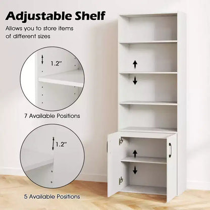 70" Bookcase with Adjustable Shelves & 2-Door Cabinet, Multipurpose Display Rack