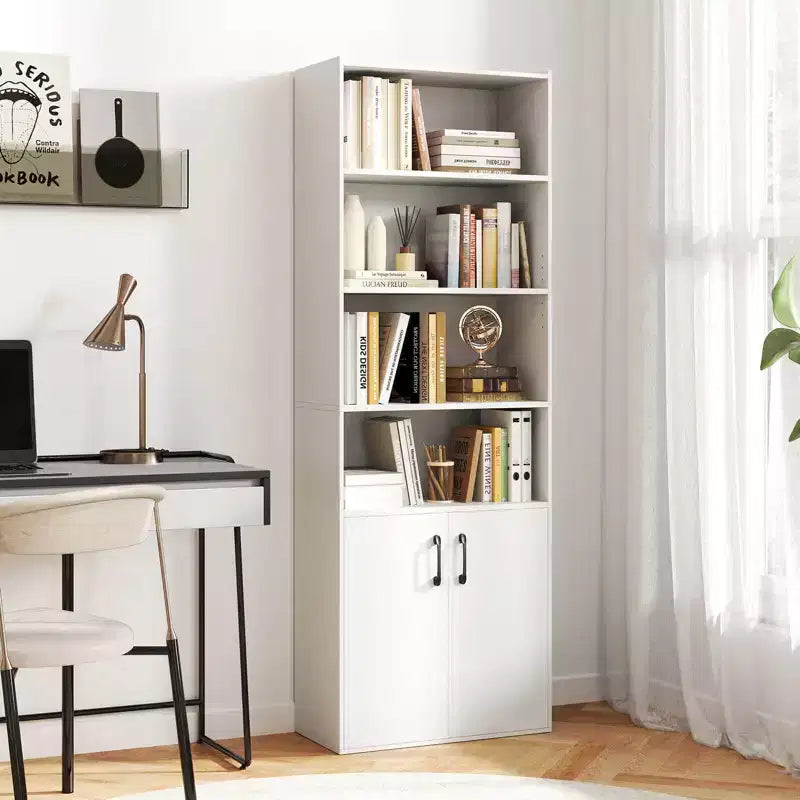 70" Bookcase with Adjustable Shelves & 2-Door Cabinet, Multipurpose Display Rack