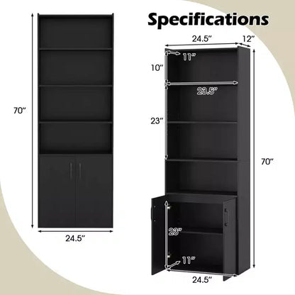 70" Bookcase with Adjustable Shelves & 2-Door Cabinet, Multipurpose Display Rack