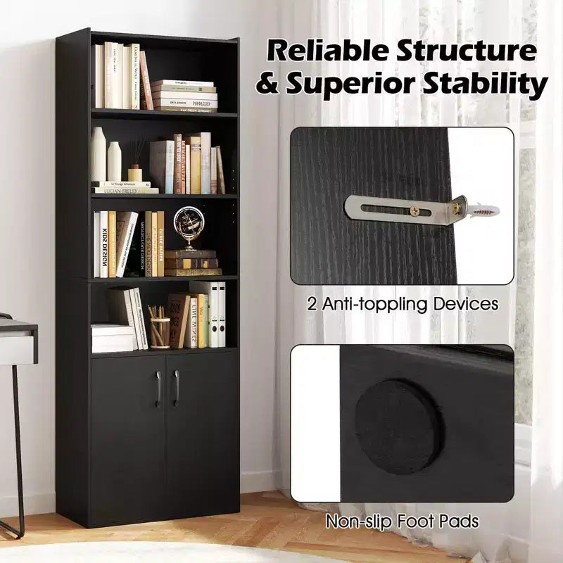 70" Bookcase with Adjustable Shelves & 2-Door Cabinet, Multipurpose Display Rack