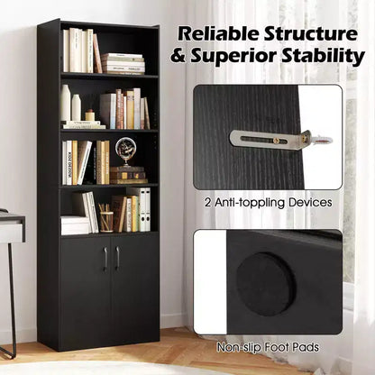 70" Bookcase with Adjustable Shelves & 2-Door Cabinet, Multipurpose Display Rack