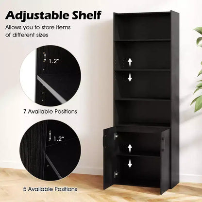 70" Bookcase with Adjustable Shelves & 2-Door Cabinet, Multipurpose Display Rack