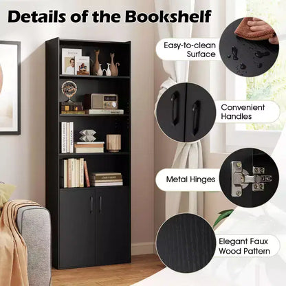 70" Bookcase with Adjustable Shelves & 2-Door Cabinet, Multipurpose Display Rack
