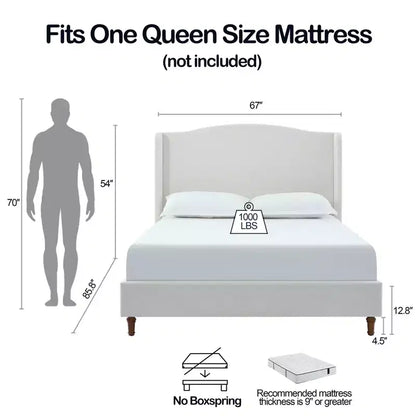 Chenille Upholstered Wingback Platform Bed Frame with 54" Camelback Headboard