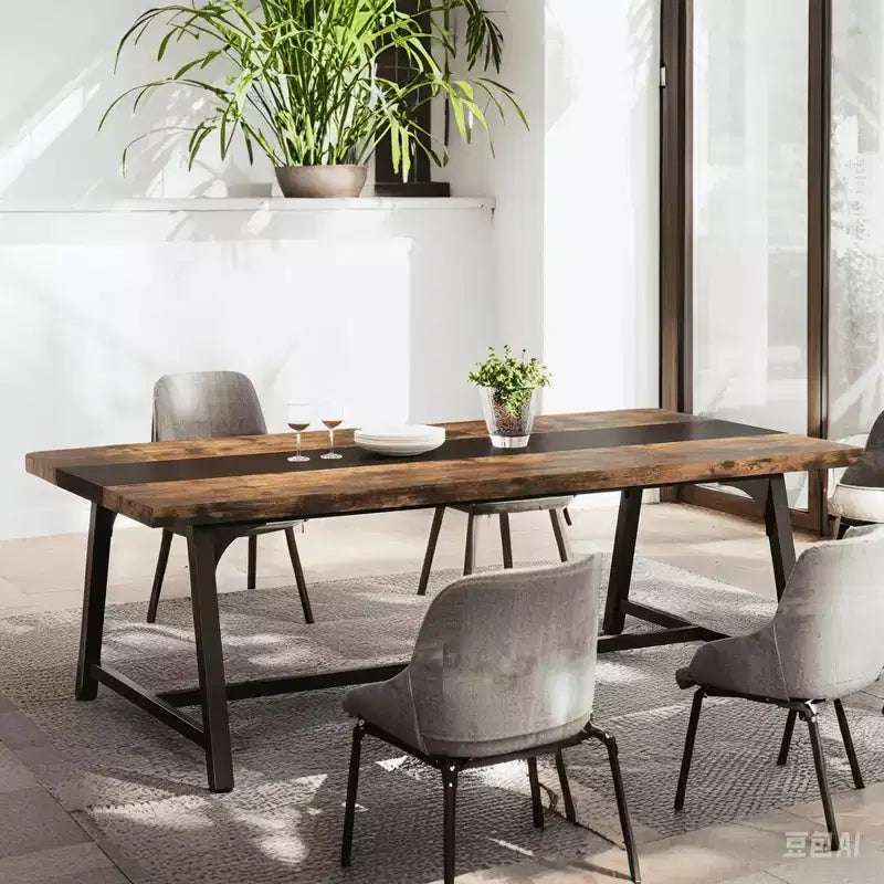 71" Rectangular Dining Table for 6-8, Rustic Brown & Black, Kitchen & Office
