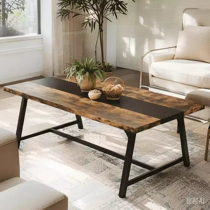 71" Rectangular Dining Table for 6-8, Rustic Brown & Black, Kitchen & Office