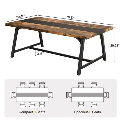 71" Rectangular Dining Table for 6-8, Rustic Brown & Black, Kitchen & Office