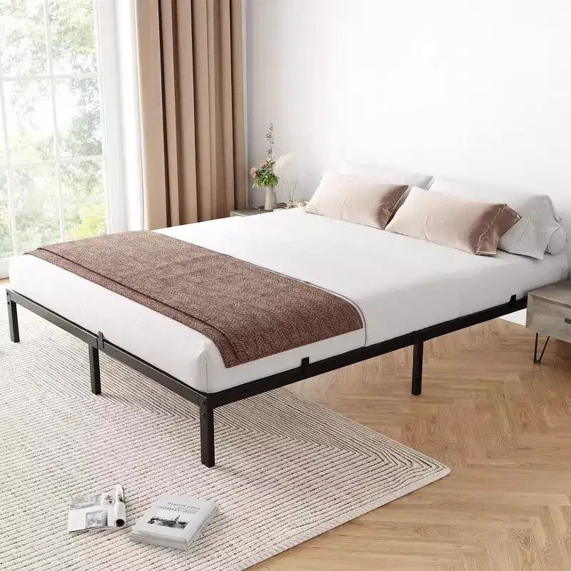 Heavy Duty Platform Metal Bed Frame, No Box Spring Needed, Metal Slats, Under Bed Storage, Black
