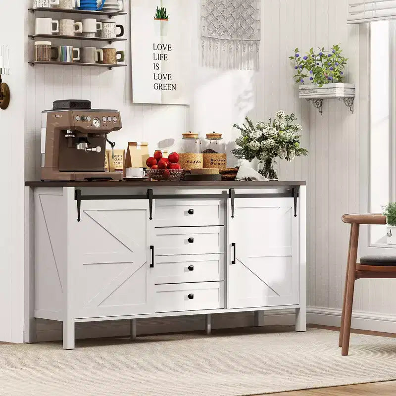 59" Farmhouse Sideboard Buffet Cabinet with Sliding Barn Doors, Drawers & Adjustable Shelves