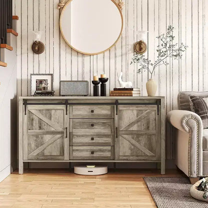 59" Farmhouse Sideboard Buffet Cabinet with Sliding Barn Doors, Drawers & Adjustable Shelves