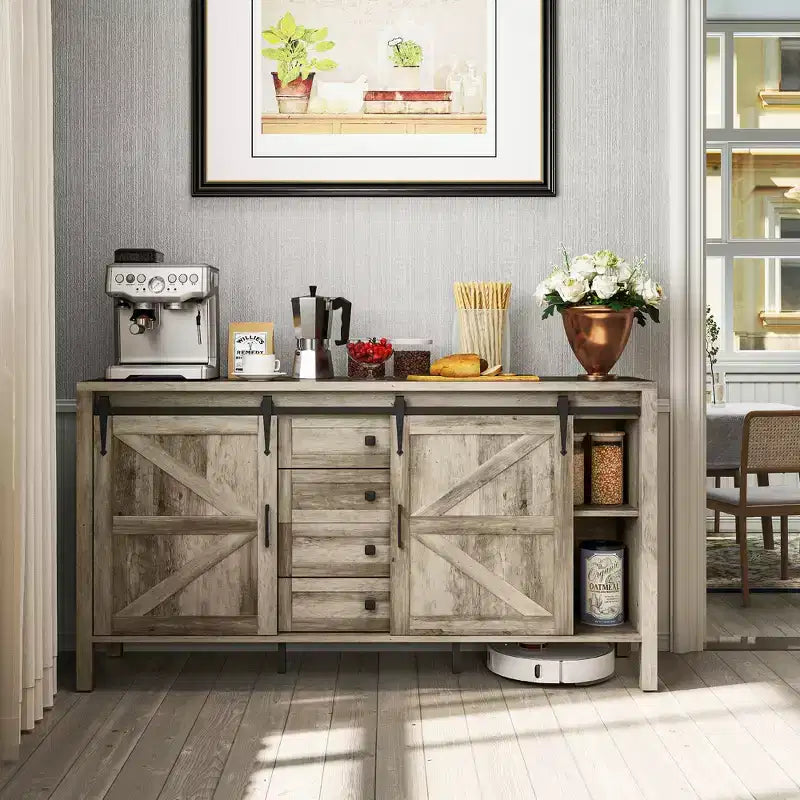 59" Farmhouse Sideboard Buffet Cabinet with Sliding Barn Doors, Drawers & Adjustable Shelves