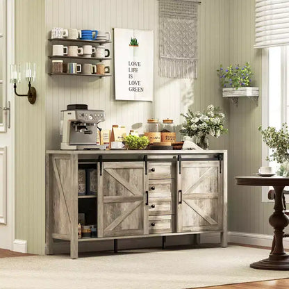 59" Farmhouse Sideboard Buffet Cabinet with Sliding Barn Doors, Drawers & Adjustable Shelves