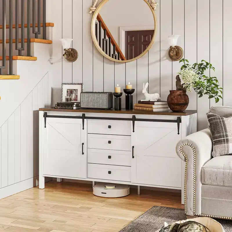59" Farmhouse Sideboard Buffet Cabinet with Sliding Barn Doors, Drawers & Adjustable Shelves