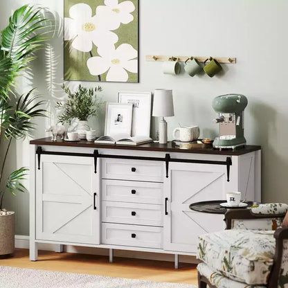 59" Farmhouse Sideboard Buffet Cabinet with Sliding Barn Doors, Drawers & Adjustable Shelves