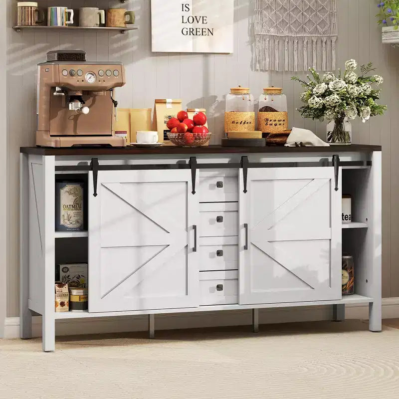59" Farmhouse Sideboard Buffet Cabinet with Sliding Barn Doors, Drawers & Adjustable Shelves