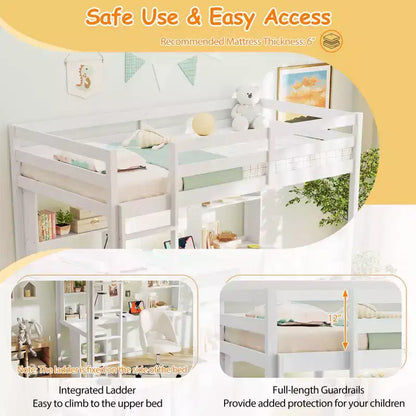 Twin Loft Bed with LED Light, Power Outlet, Desk, Storage Shelves & Cabinet
