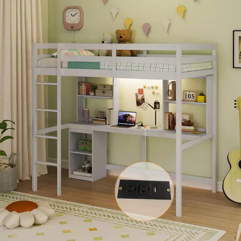 Twin Loft Bed with LED Light, Power Outlet, Desk, Storage Shelves & Cabinet