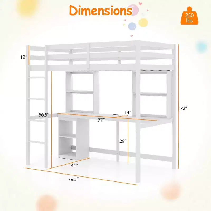 Twin Loft Bed with LED Light, Power Outlet, Desk, Storage Shelves & Cabinet