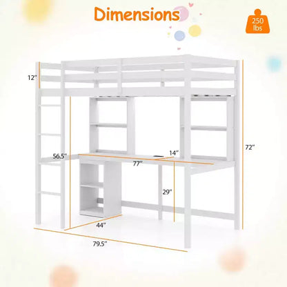 Twin Loft Bed with LED Light, Power Outlet, Desk, Storage Shelves & Cabinet