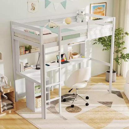 Twin Loft Bed with LED Light, Power Outlet, Desk, Storage Shelves & Cabinet