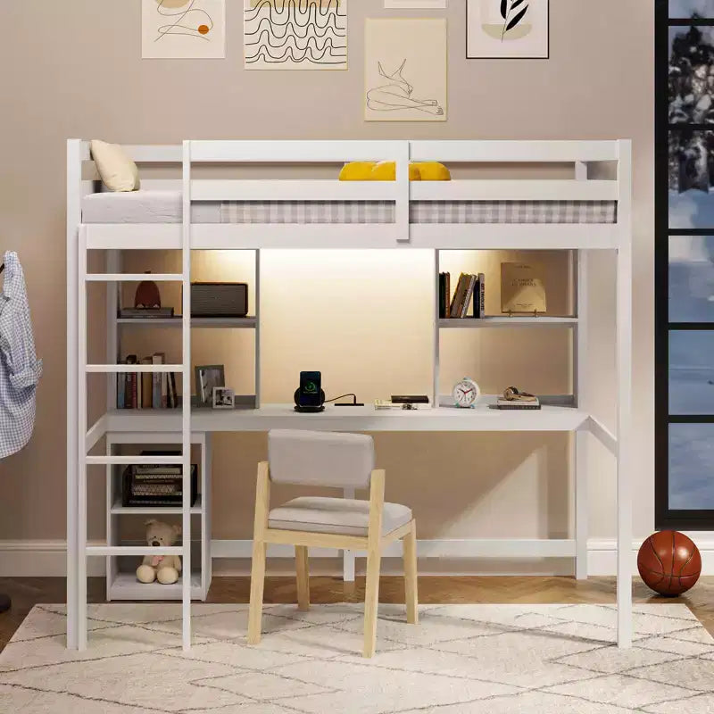 Twin Loft Bed with LED Light, Power Outlet, Desk, Storage Shelves & Cabinet