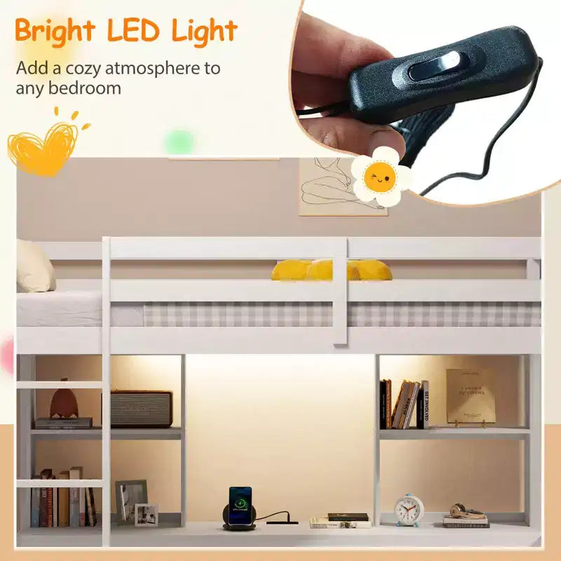 Twin Loft Bed with LED Light, Power Outlet, Desk, Storage Shelves & Cabinet