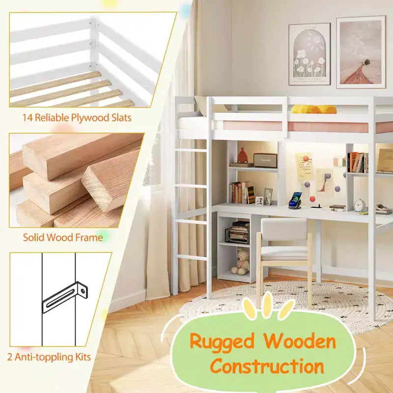 Twin Loft Bed with LED Light, Power Outlet, Desk, Storage Shelves & Cabinet