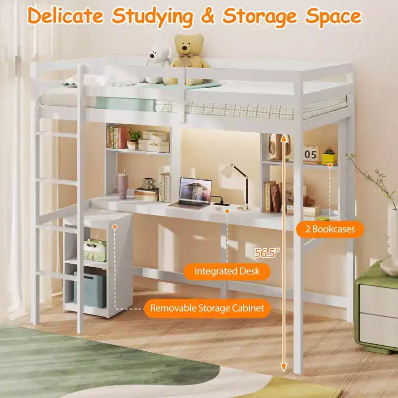 Twin Loft Bed with LED Light, Power Outlet, Desk, Storage Shelves & Cabinet
