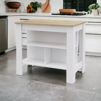 White and Oak 41" Kitchen Island with Storage, Shelves & Cabinet