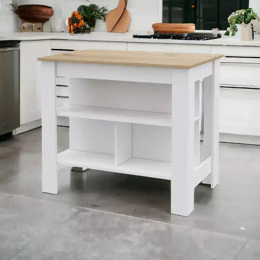 White and Oak 41" Kitchen Island with Storage, Shelves & Cabinet