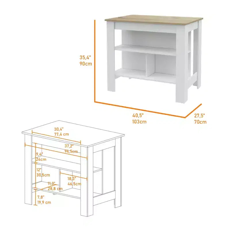 White and Oak 41" Kitchen Island with Storage, Shelves & Cabinet