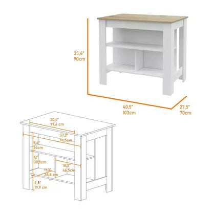White and Oak 41" Kitchen Island with Storage, Shelves & Cabinet