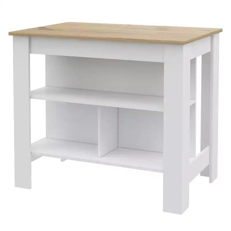 White and Oak 41" Kitchen Island with Storage, Shelves & Cabinet